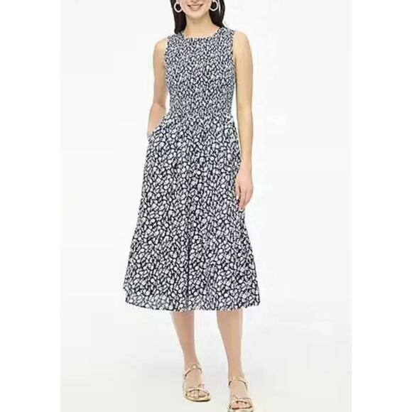 J. CREW 2024 Navy Floral Smocked Bodice Sleeveless Midi Dress - Picture 2 of 16